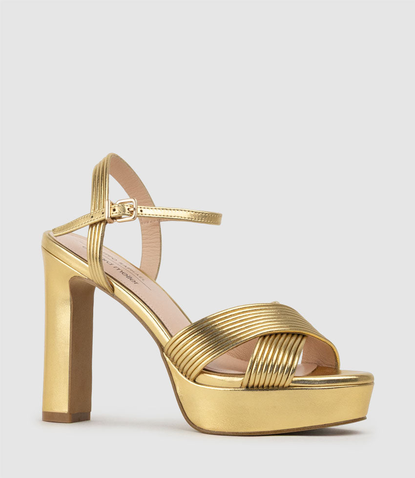 SORROW110 Tubed Crossover Platform Sandal in Aged Gold | Edward Meller