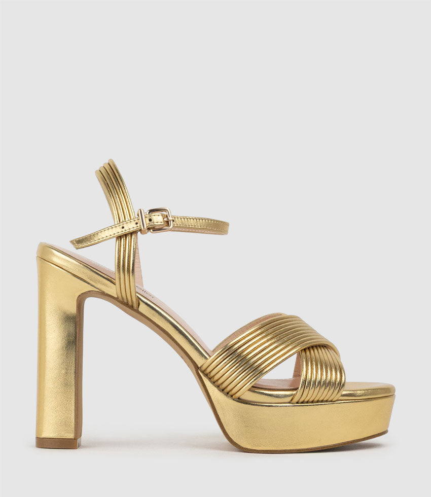 SORROW110 Tubed Crossover Platform Sandal in Aged Gold | Edward Meller