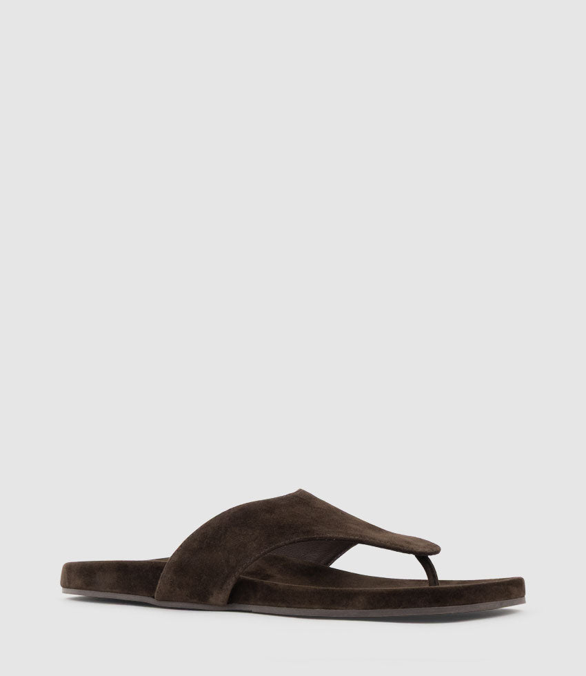 TAMSIN Thong on Footbed in Chocolate Suede - Edward Meller