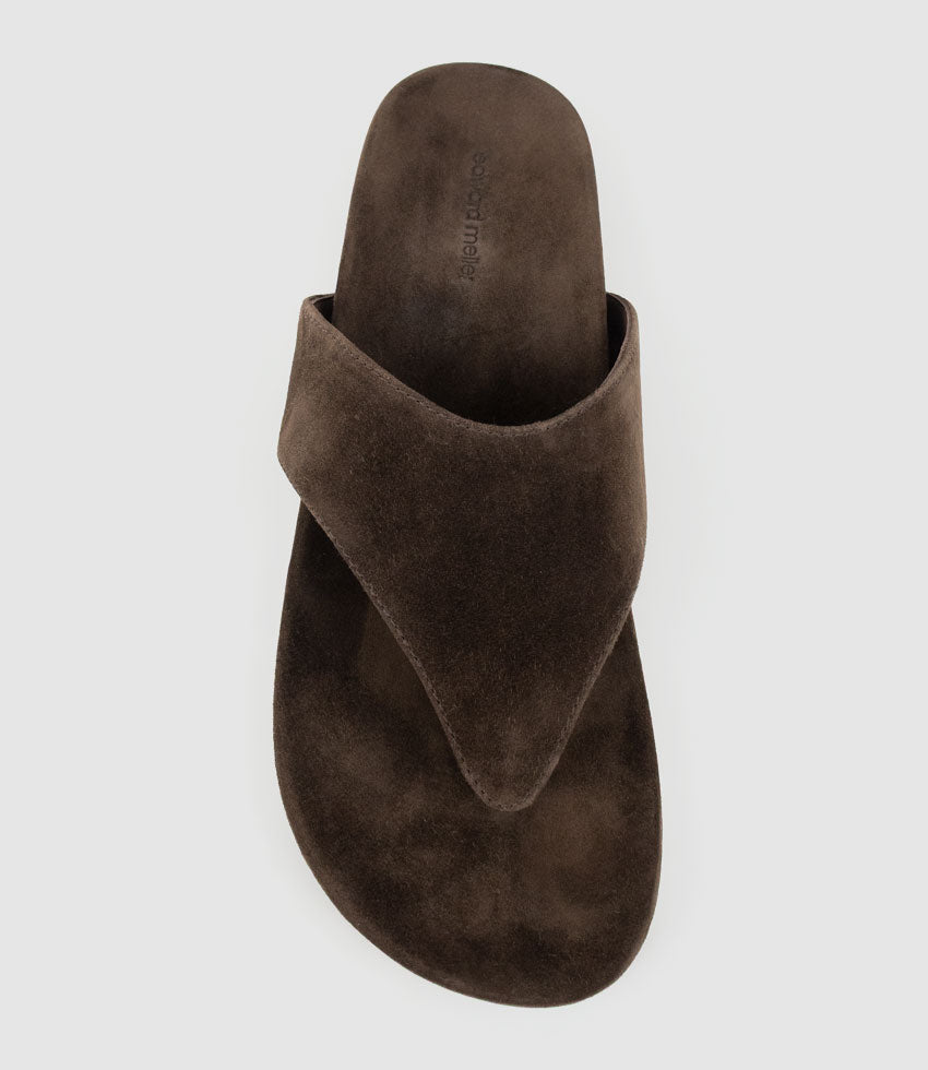 TAMSIN Thong on Footbed in Chocolate Suede - Edward Meller