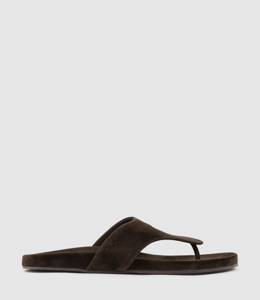 TAMSIN Thong on Footbed in Chocolate Suede - Edward Meller