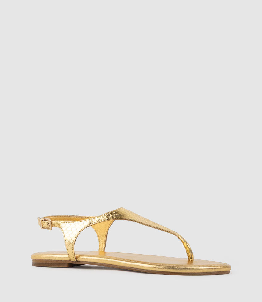 THELMA Flat Thong with Ankle Strap in Gold Snake - Edward Meller