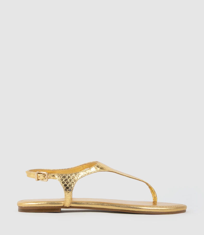 THELMA Flat Thong with Ankle Strap in Gold Snake - Edward Meller
