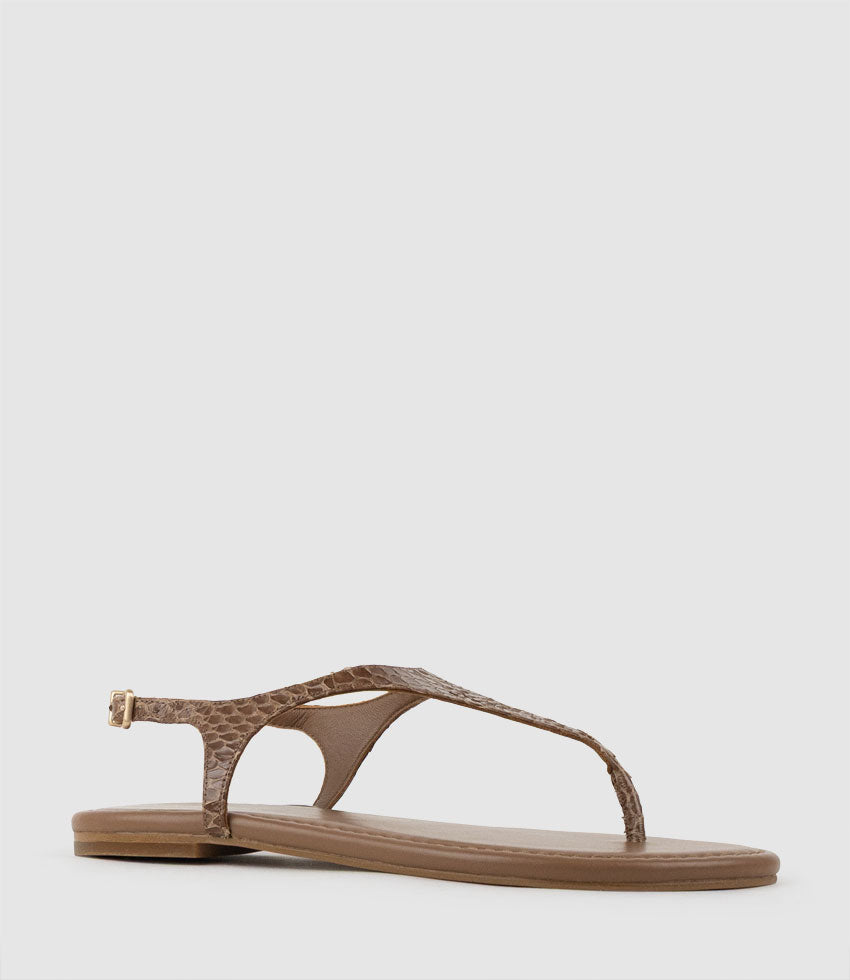 THELMA Flat Thong with Ankle Strap in Tan Snake - Edward Meller