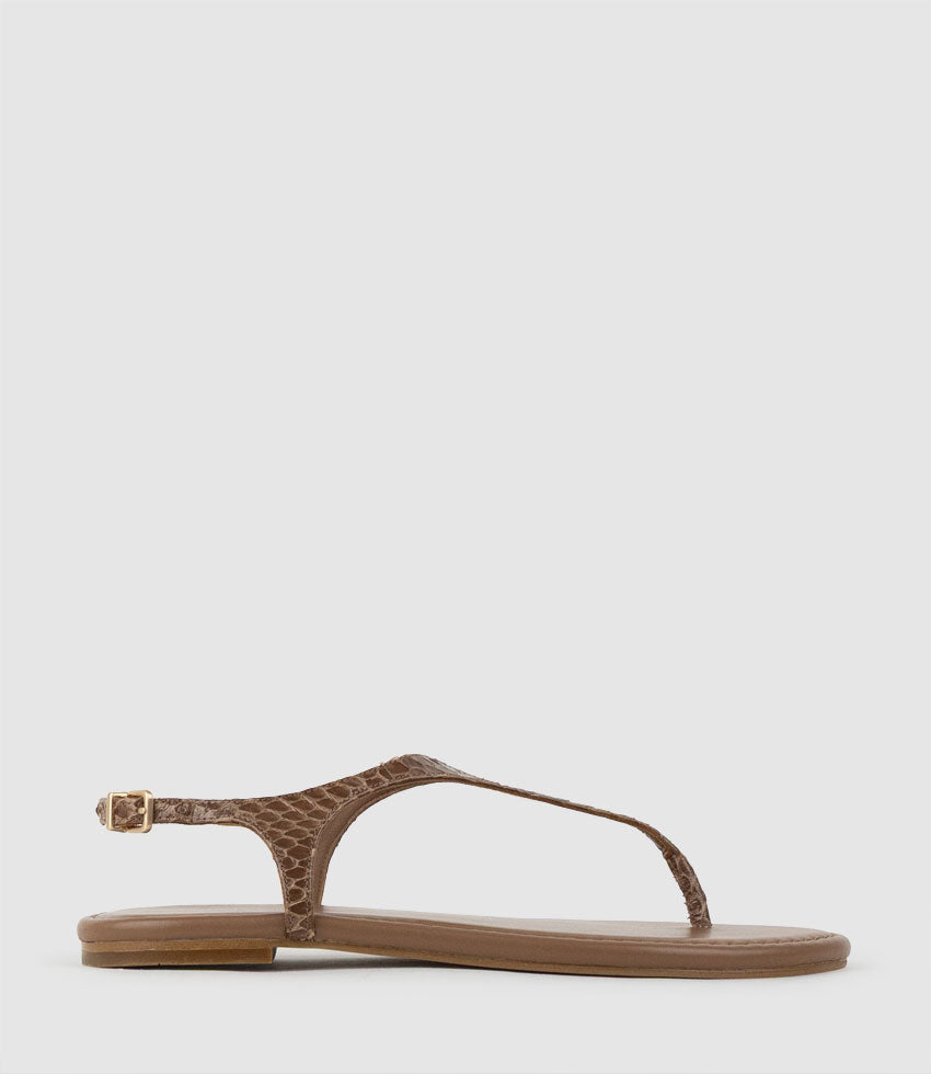 THELMA Flat Thong with Ankle Strap in Tan Snake - Edward Meller
