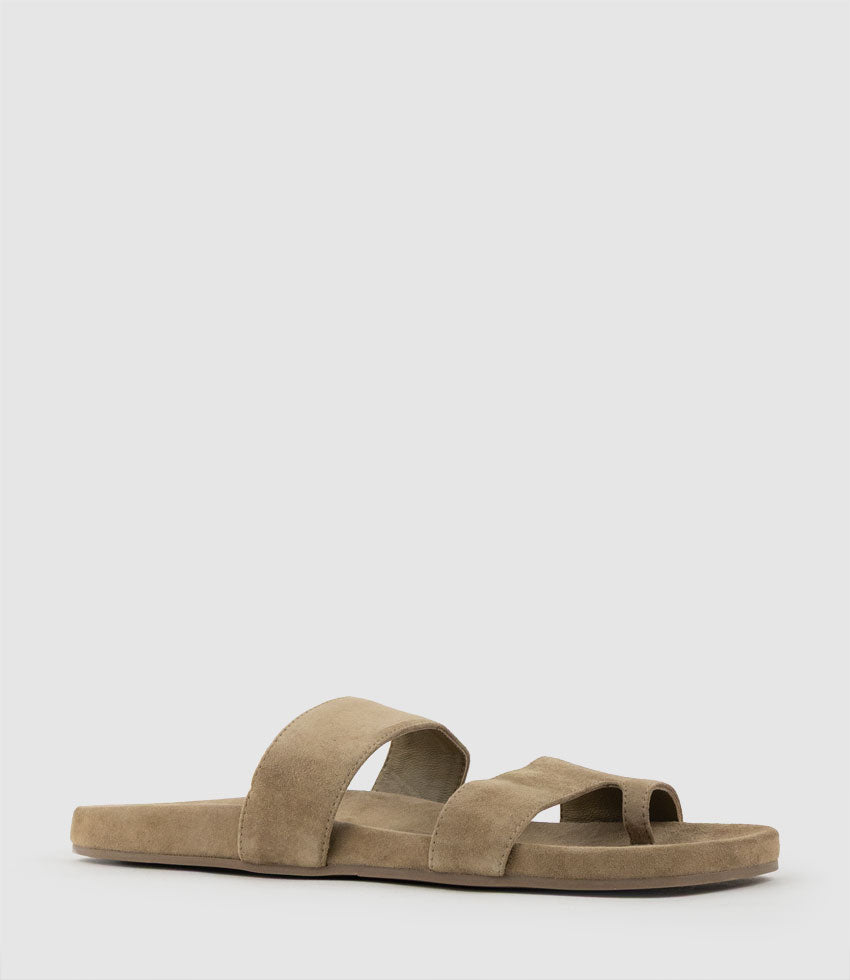 TIALA Two Strap Slide with Toe Thong in Camel Suede - Edward Meller