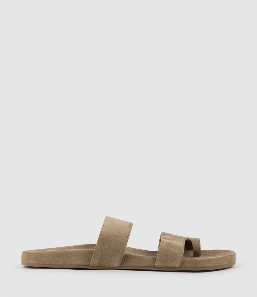 TIALA Two Strap Slide with Toe Thong in Camel Suede - Edward Meller