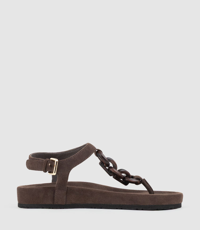 TULIA T-Bar Thong with Ornament in Chocolate Suede - Edward Meller