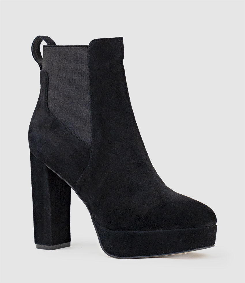 URSA110 Block Heel Platform Boot in Black Suede - Edward Meller