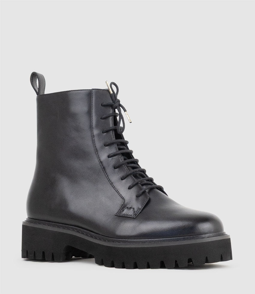 UTHER Lace Up Boot on Chunky Sole in Black - Edward Meller