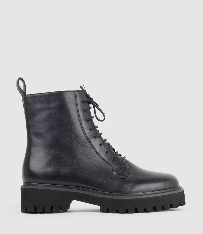 UTHER Lace Up Boot on Chunky Sole in Black - Edward Meller