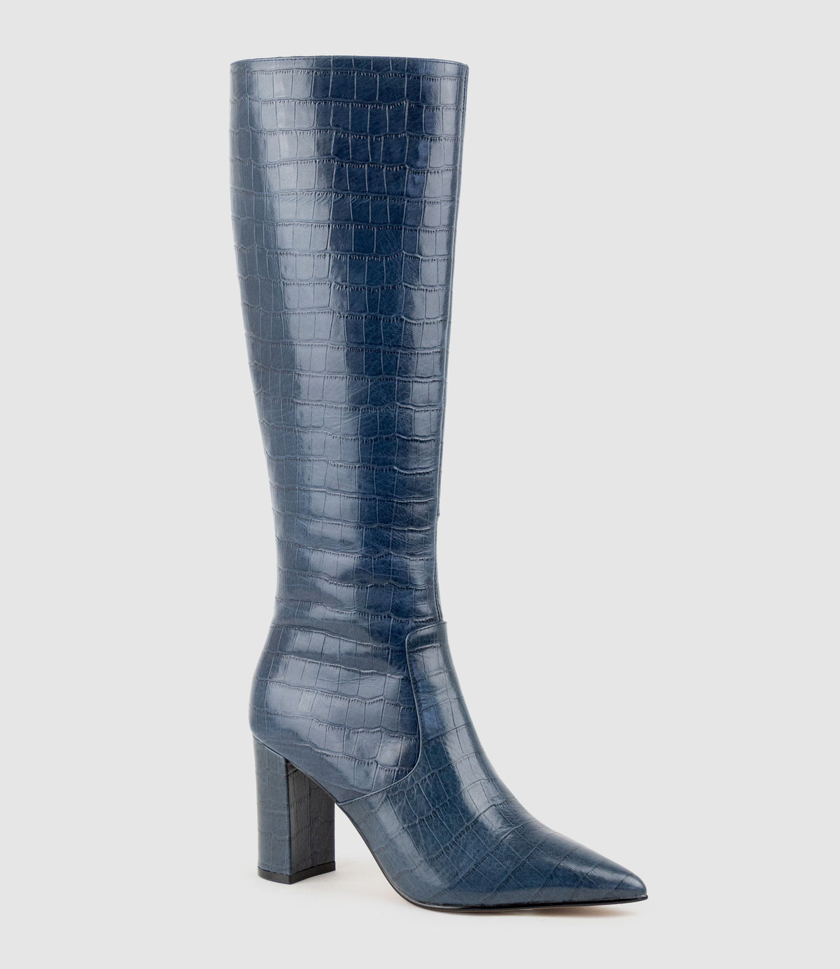 VAIN85 Knee High Boot in Blue Croc Print Calf