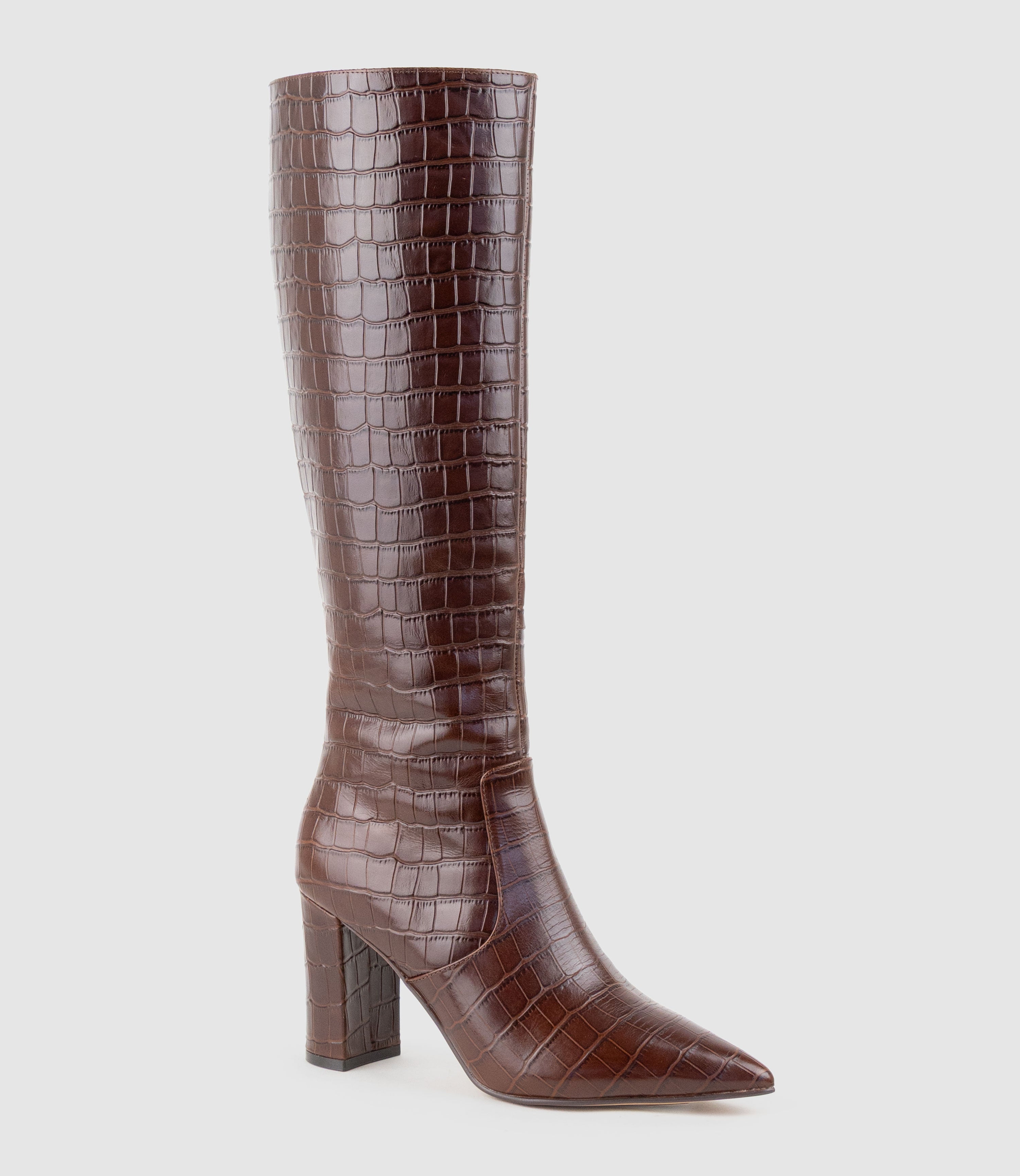 VAIN85 Knee High Boot in Brown Croc Print Calf - Edward Meller