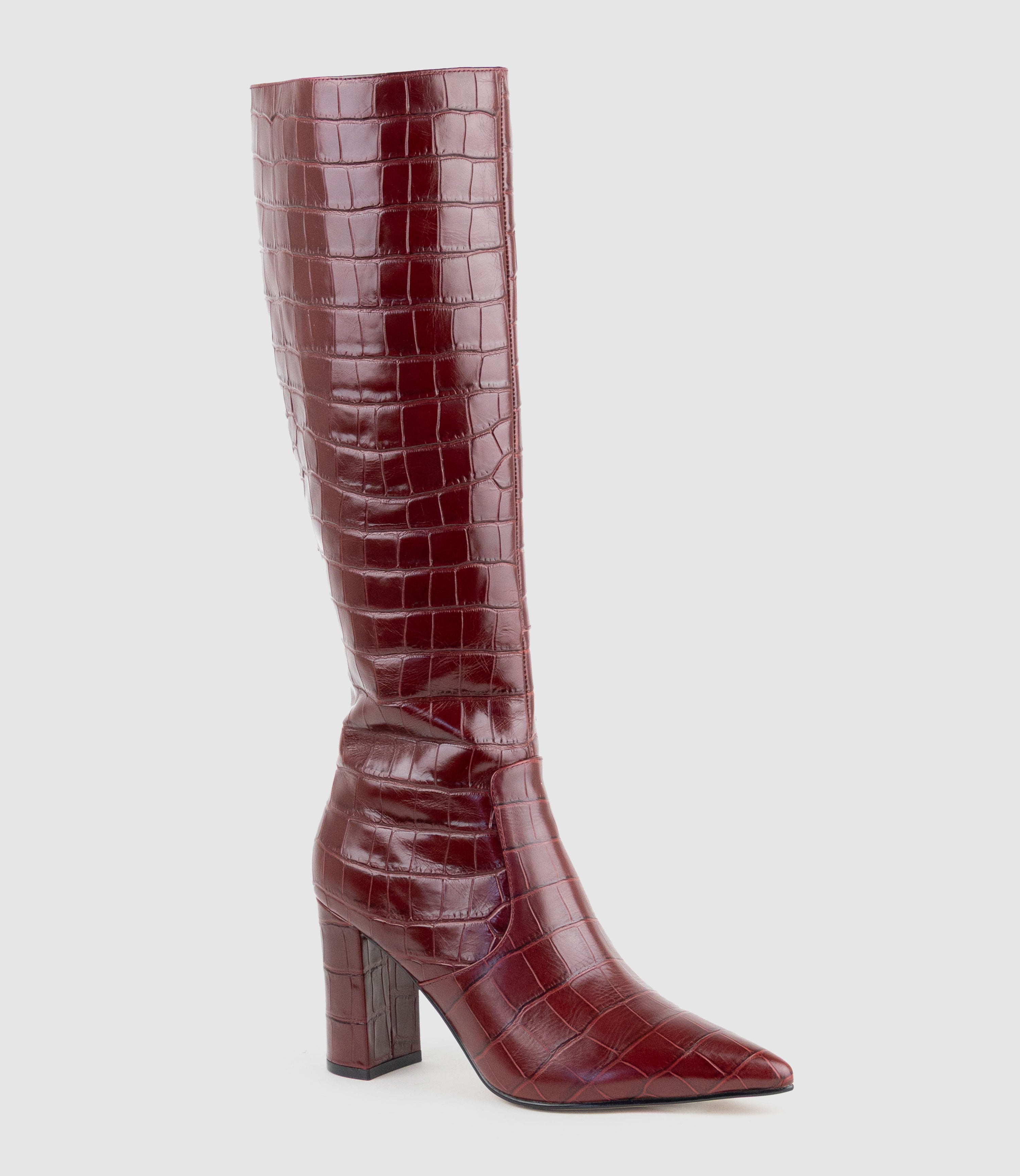 VAIN85 Knee High Boot in Wine Croc Print Calf - Edward Meller
