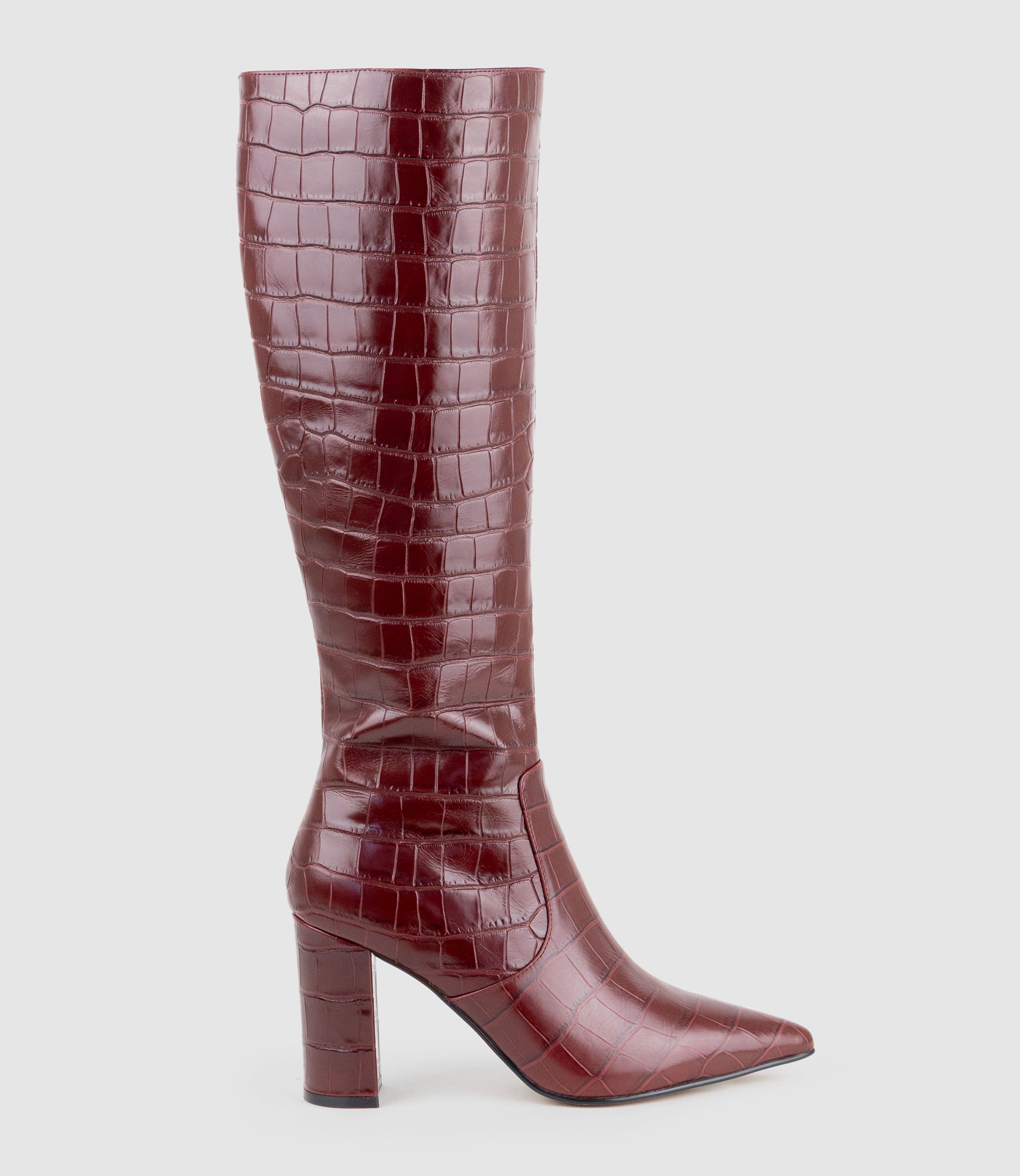 VAIN85 Knee High Boot in Wine Croc Print Calf - Edward Meller