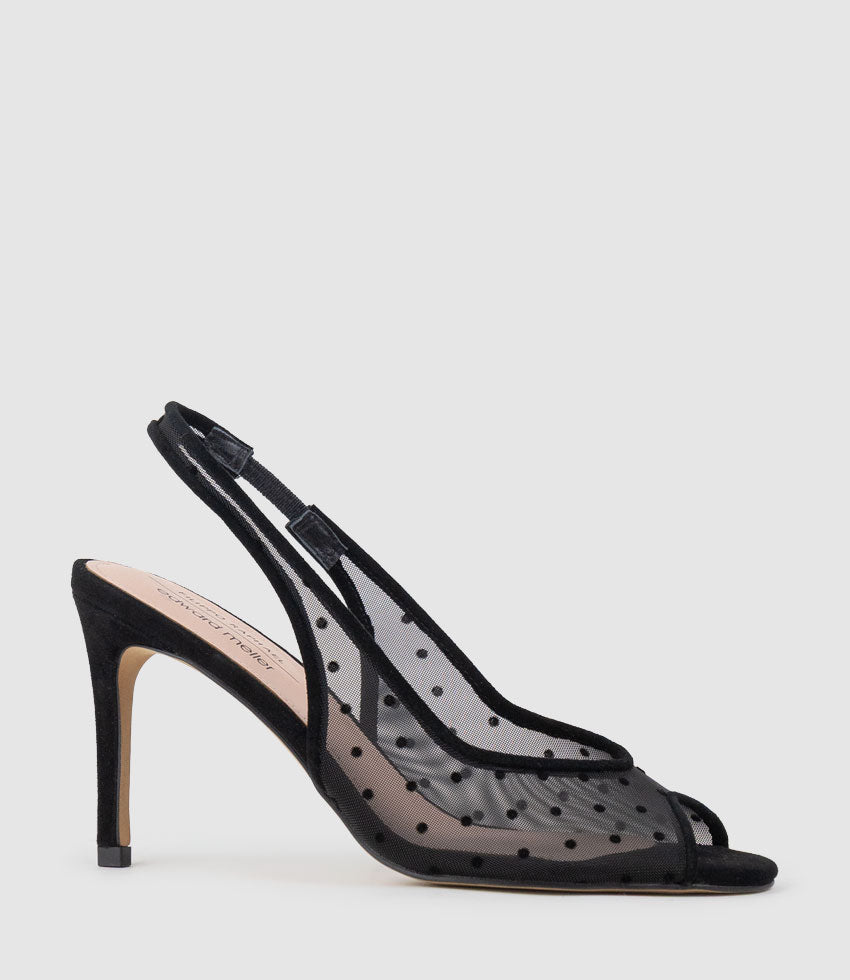 VALIYA85 Peep Toe Mesh Slingback in Black Suede - Edward Meller