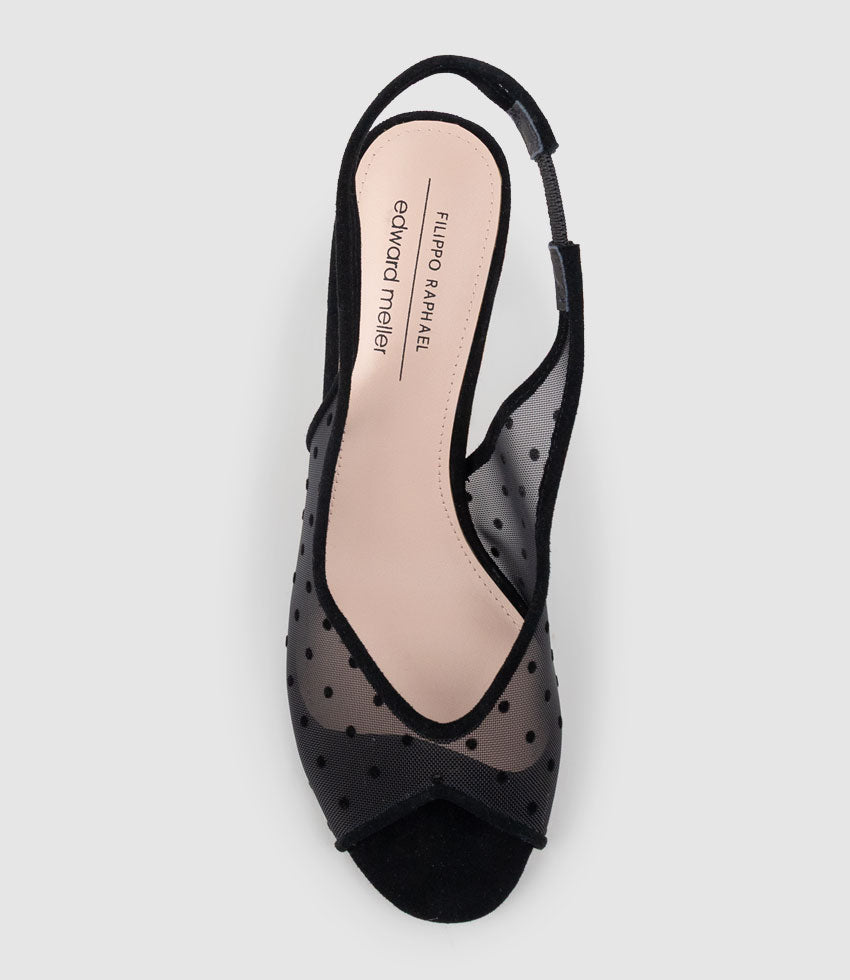 VALIYA85 Peep Toe Mesh Slingback in Black Suede - Edward Meller