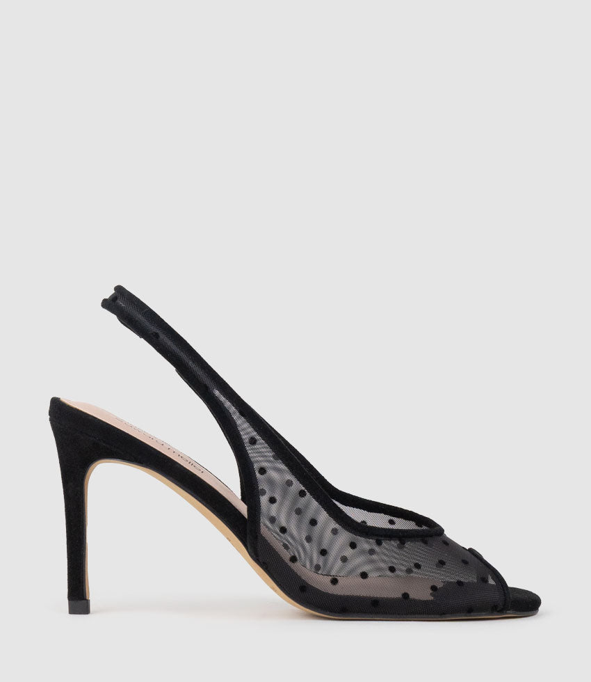 VALIYA85 Peep Toe Mesh Slingback in Black Suede - Edward Meller
