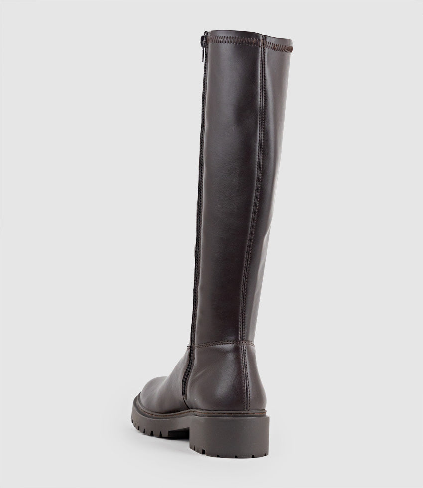 VAUGHT Stretch Knee High Boot in Brown - Edward Meller