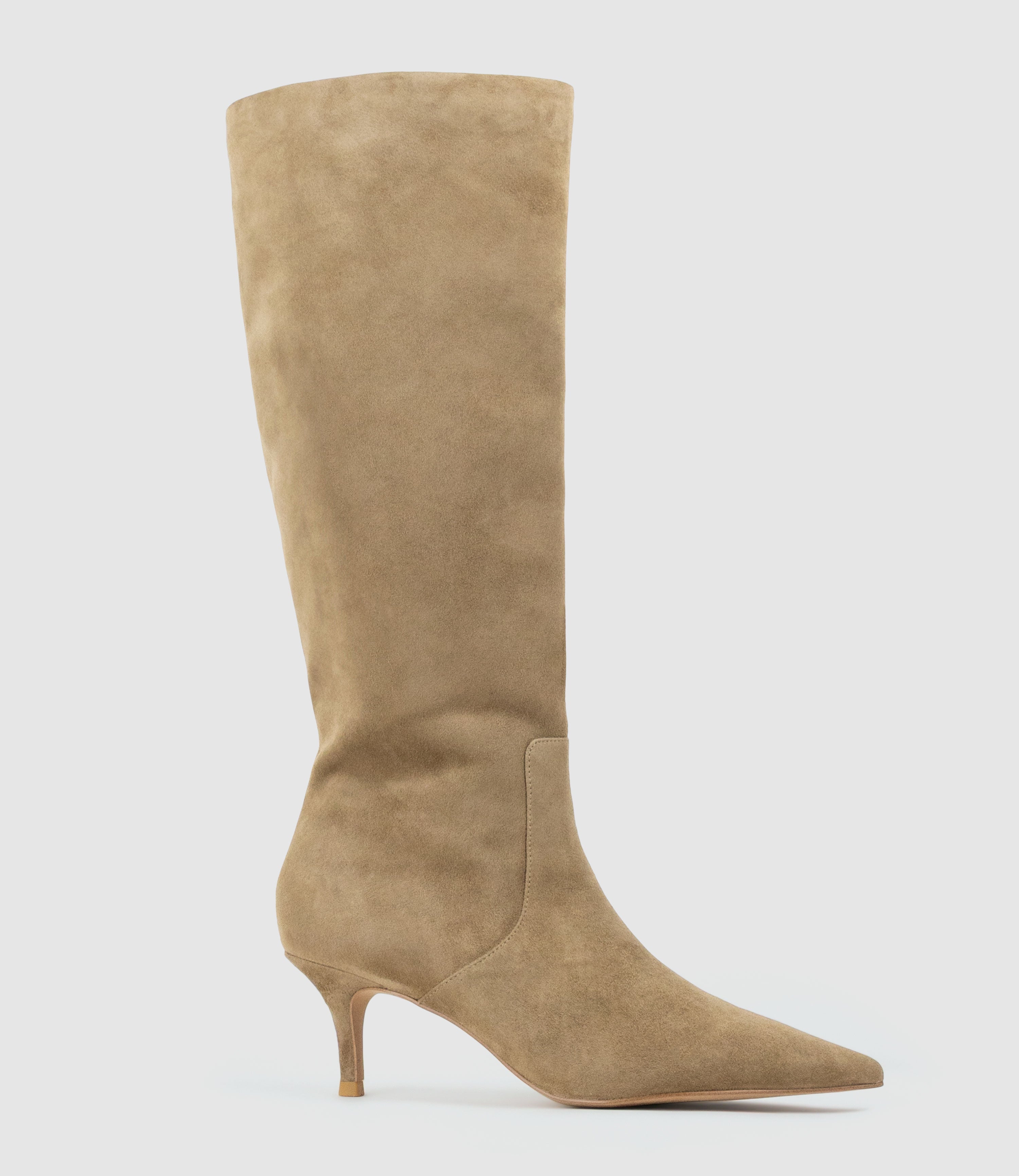 VELMA60 Pointed Knee High Boot in Camel Suede - Edward Meller