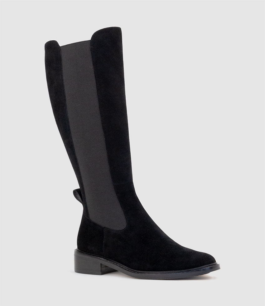 VITAL30 Knee High Boot with Gusset in Black Suede - Edward Meller