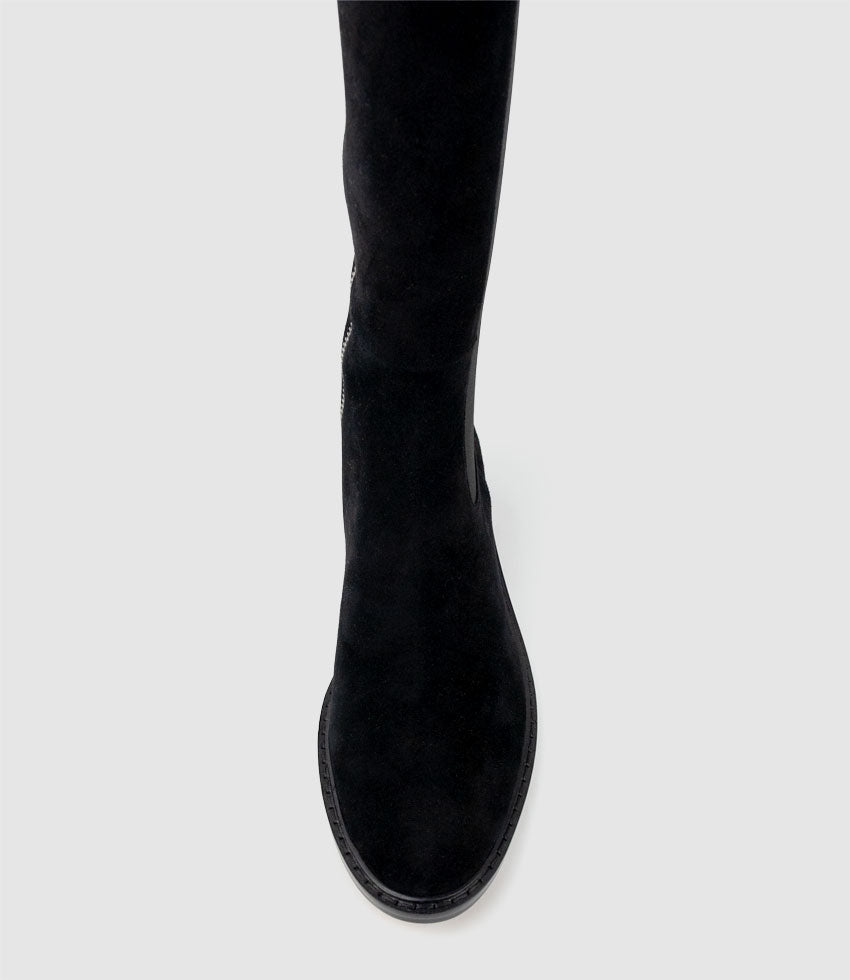 VITAL30 Knee High Boot with Gusset in Black Suede - Edward Meller