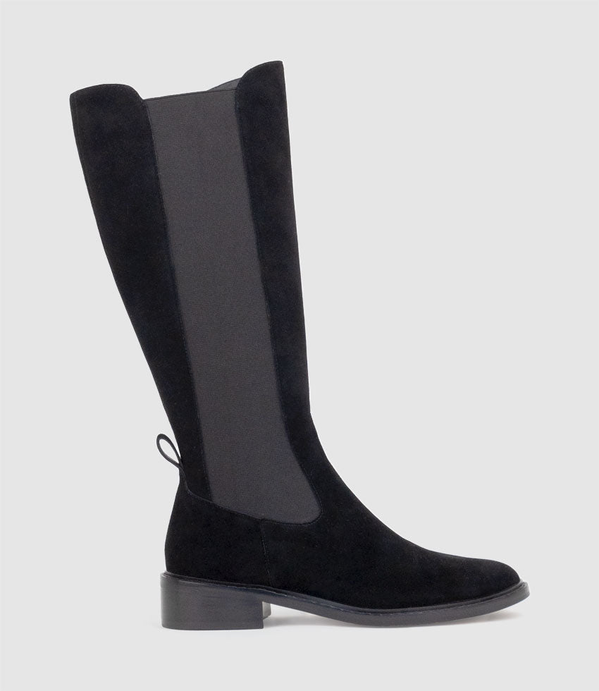 VITAL30 Knee High Boot with Gusset in Black Suede - Edward Meller
