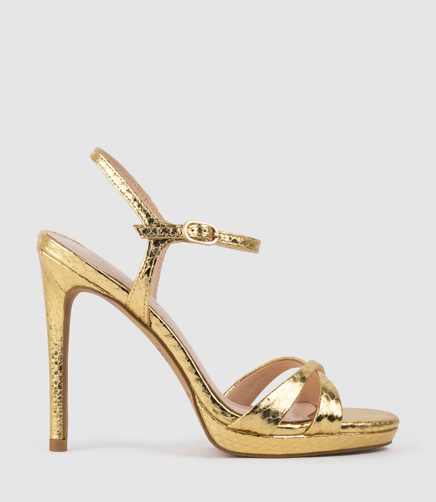 WALTZ110 Crossover Platform Sandal in Gold Snake - Edward Meller