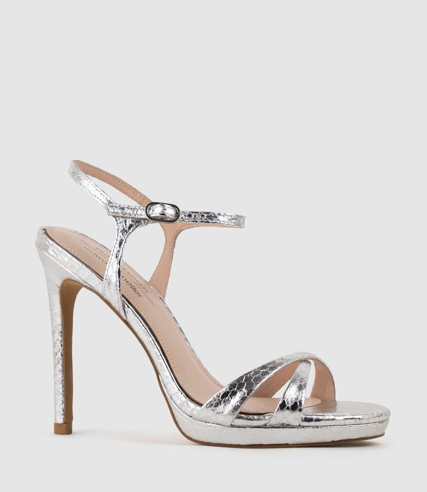 WALTZ110 Crossover Platform Sandal in Silver Snake - Edward Meller