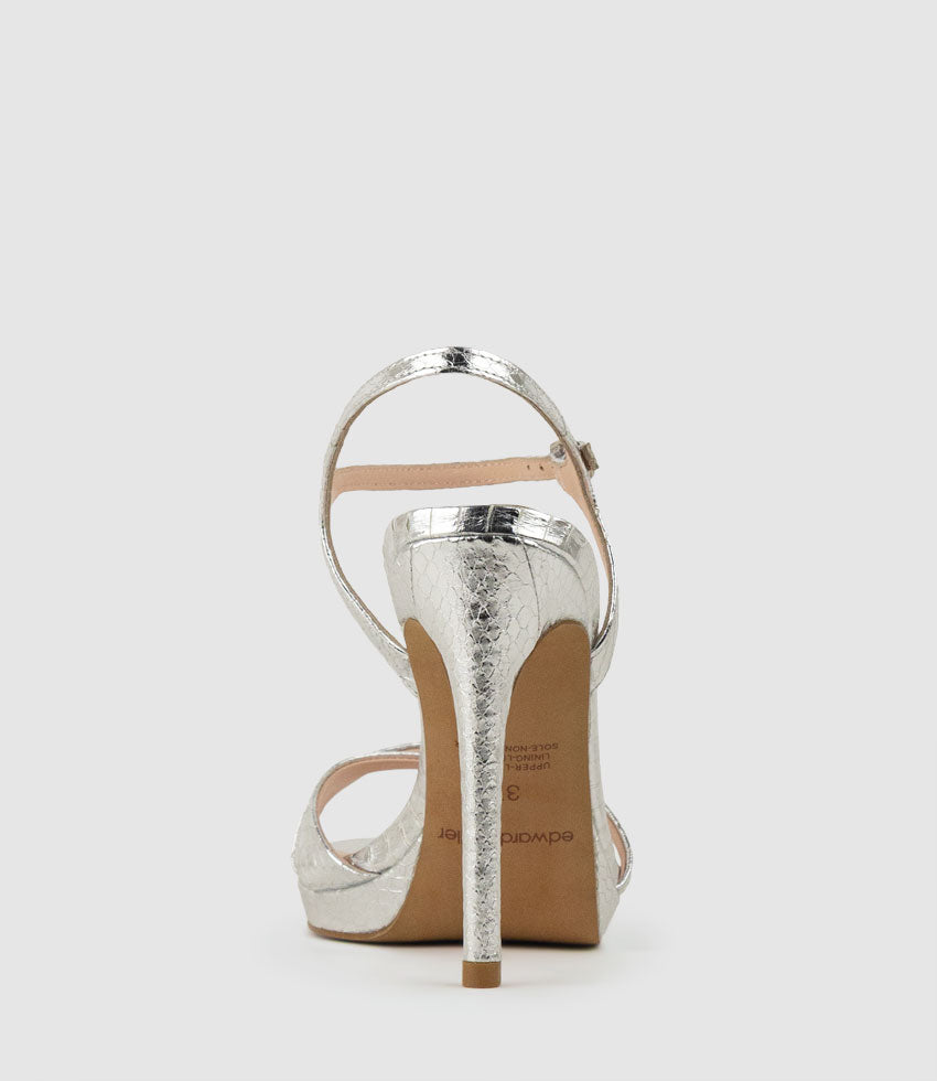 WALTZ110 Crossover Platform Sandal in Silver Snake - Edward Meller