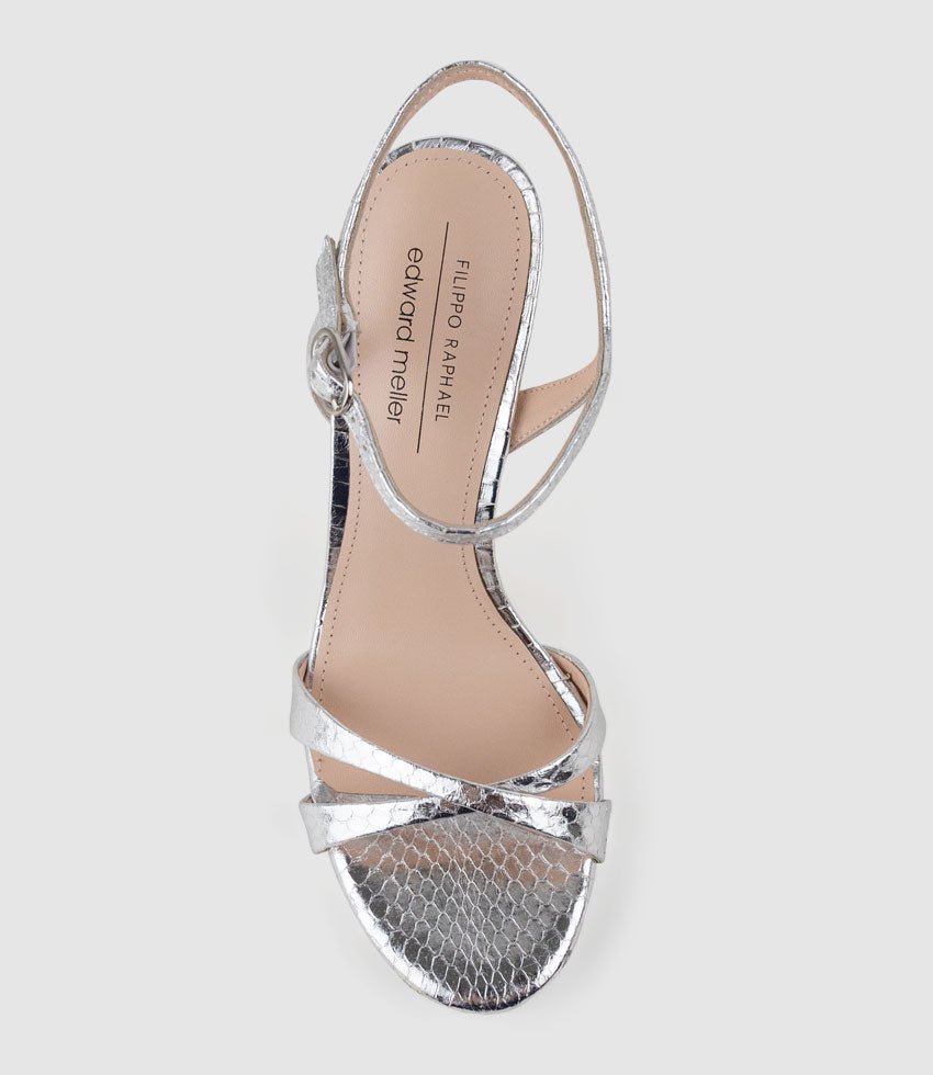 WALTZ110 Crossover Platform Sandal in Silver Snake - Edward Meller