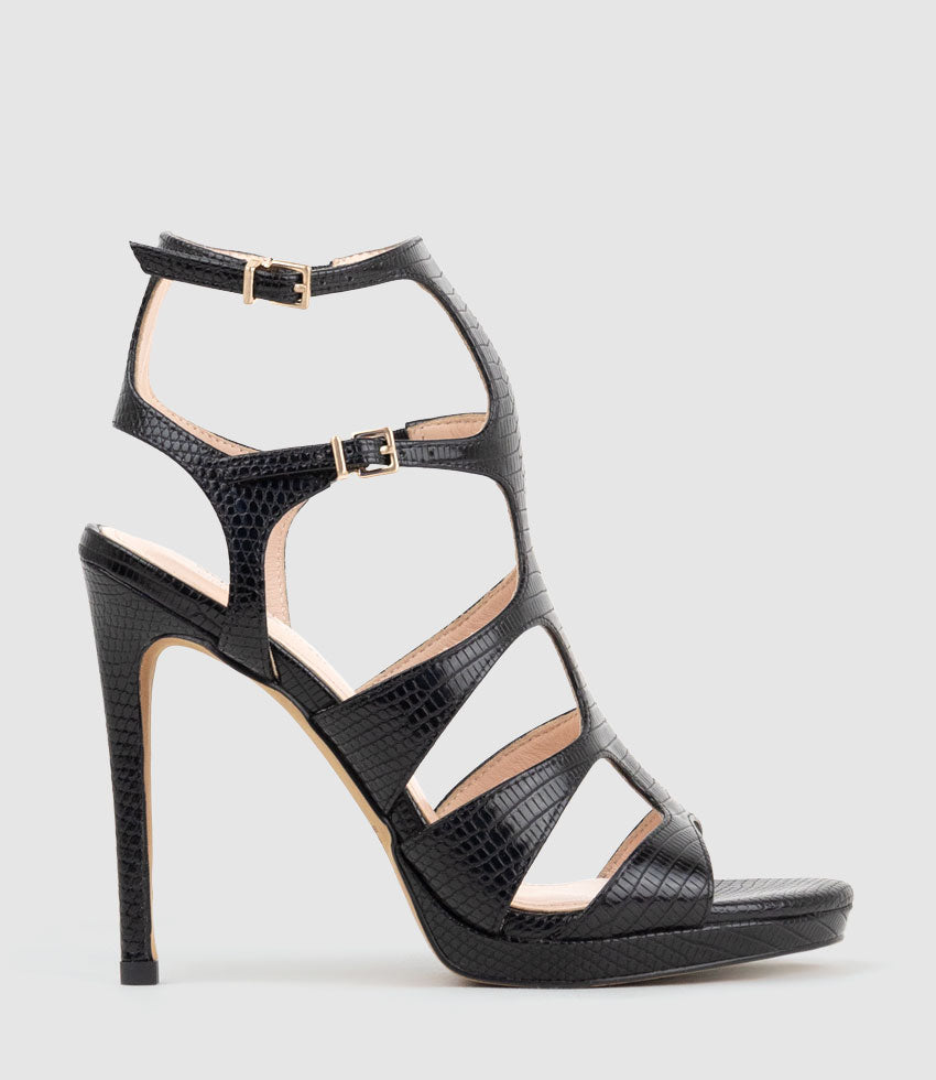 WARRIOR110 Gladiator Platform Sandal in Black Tejus Lizard Print - Edward Meller