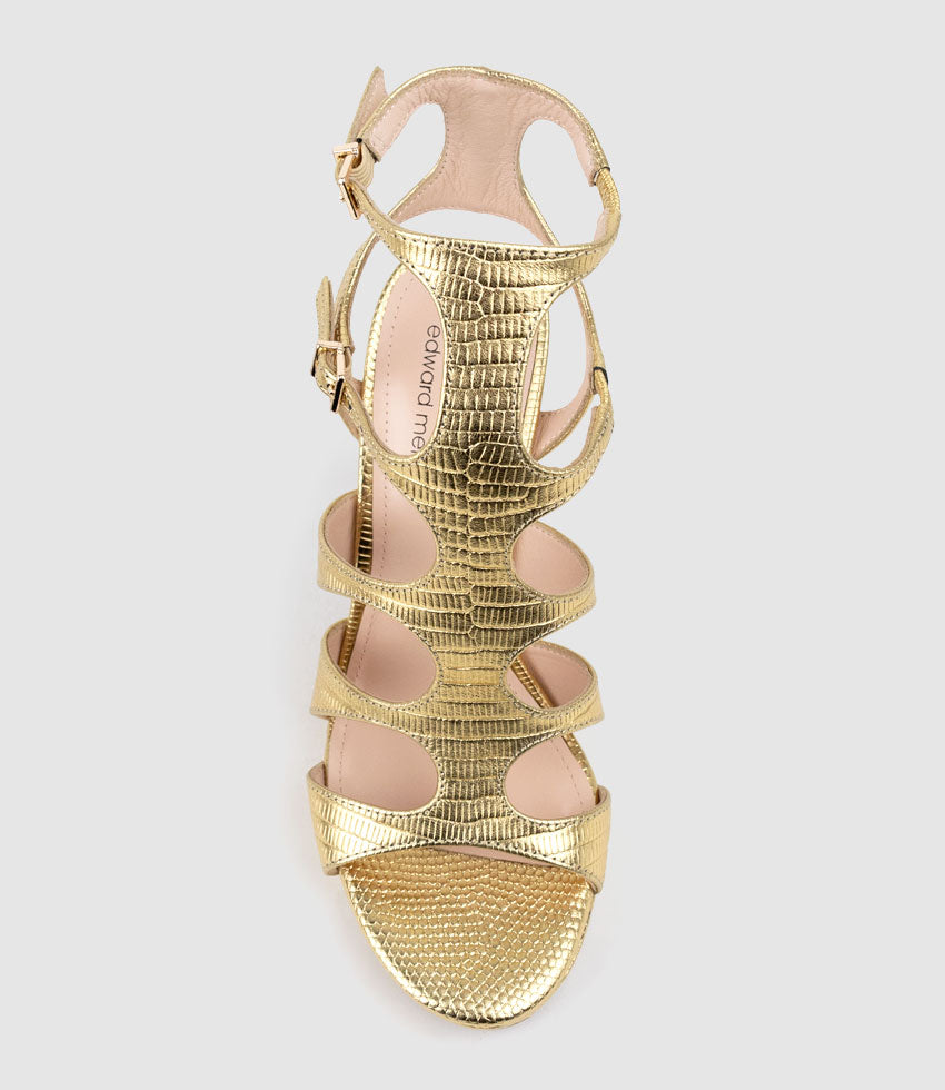 WARRIOR110 Gladiator Platform Sandal in Gold Tejus Lizard Print - Edward Meller