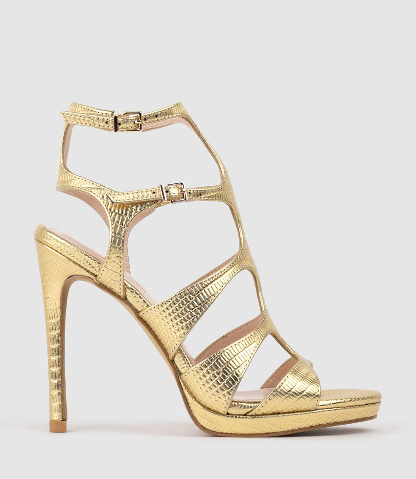 WARRIOR110 Gladiator Platform Sandal in Gold Tejus Lizard Print - Edward Meller
