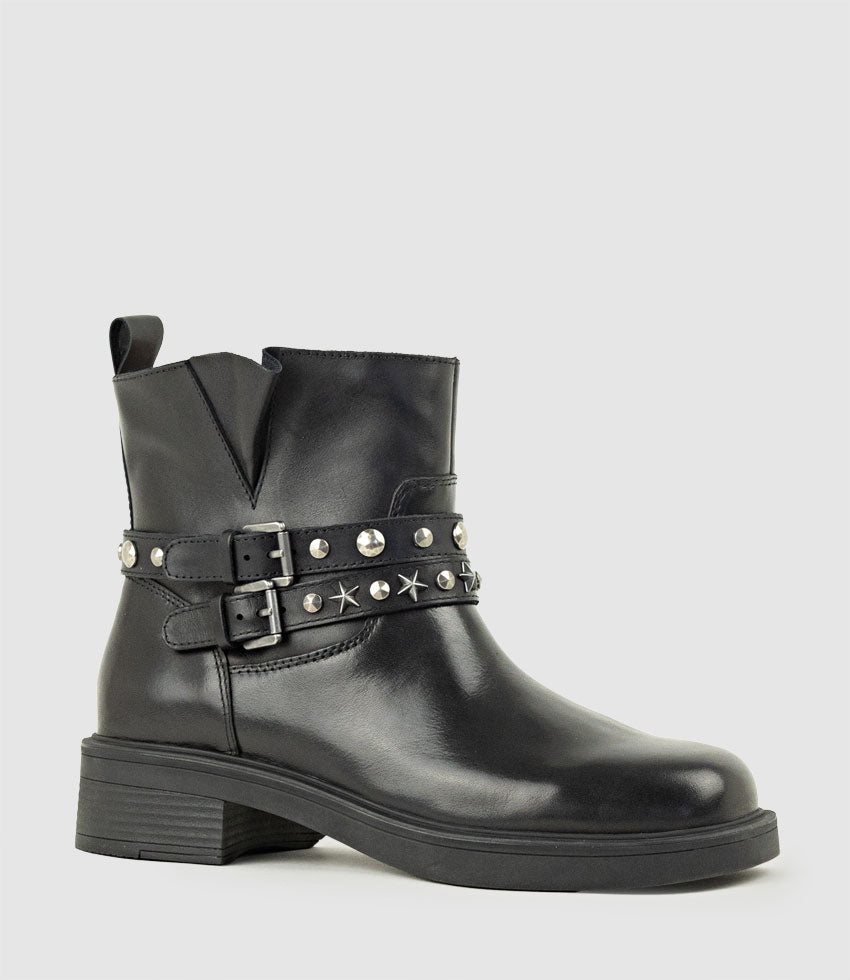 WAVERLY Ankle Boot with Studded Straps in Black Calf - Edward Meller