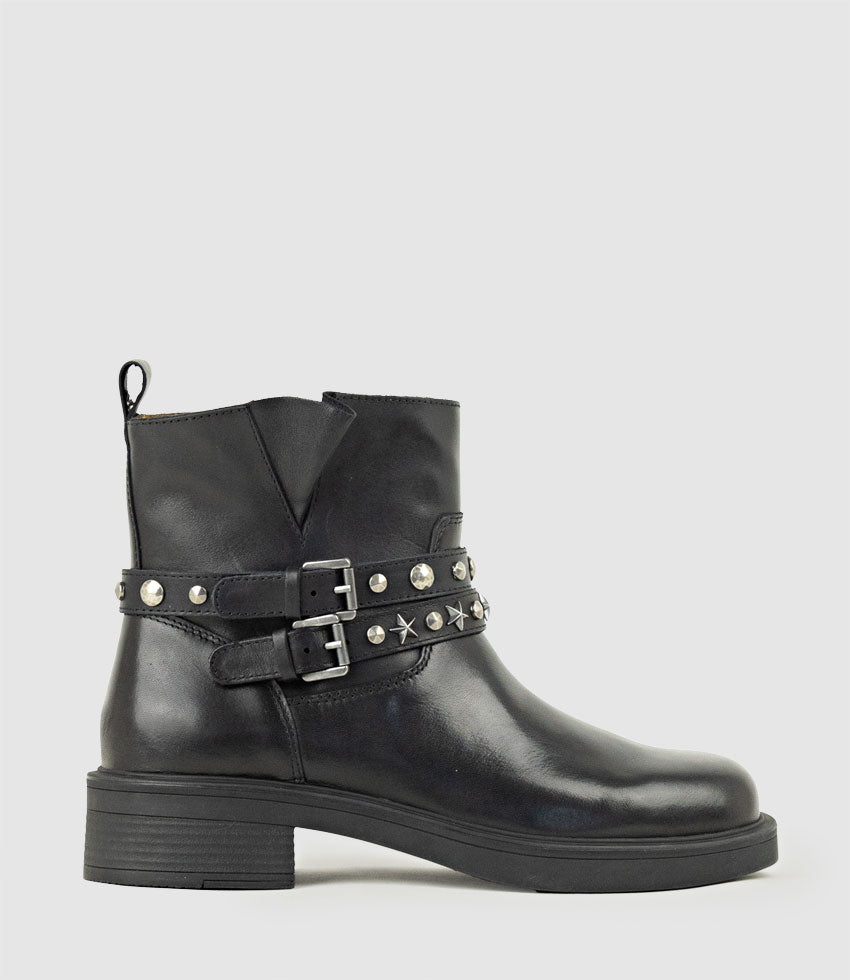WAVERLY Ankle Boot with Studded Straps in Black Calf - Edward Meller