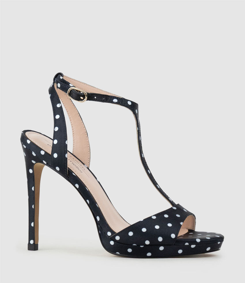 WEN110 Polkadot T-Bar Platform Sandal in Black Satin - Edward Meller