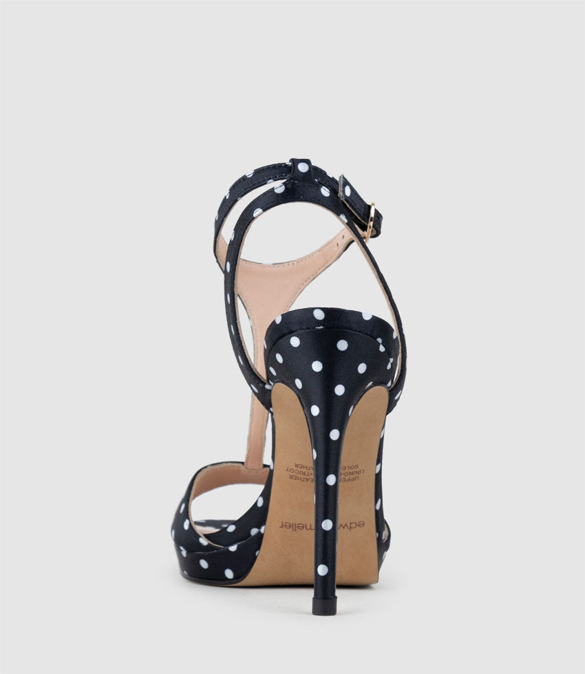 WEN110 Polkadot T-Bar Platform Sandal in Black Satin - Edward Meller