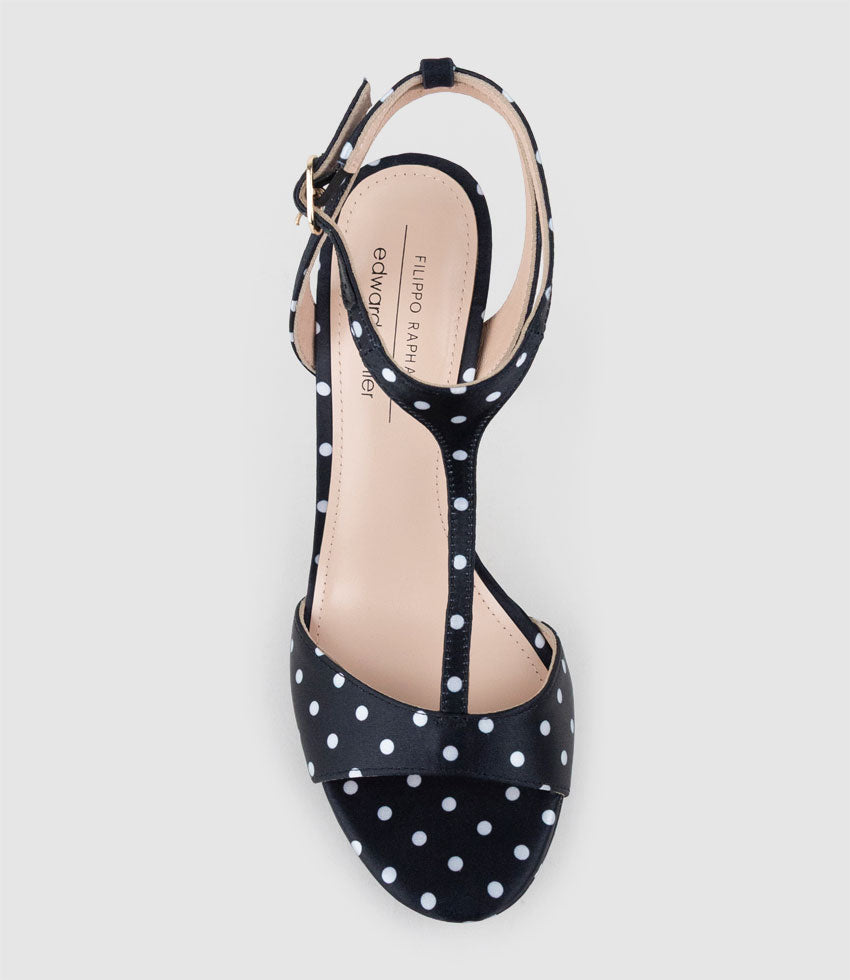 WEN110 Polkadot T-Bar Platform Sandal in Black Satin - Edward Meller