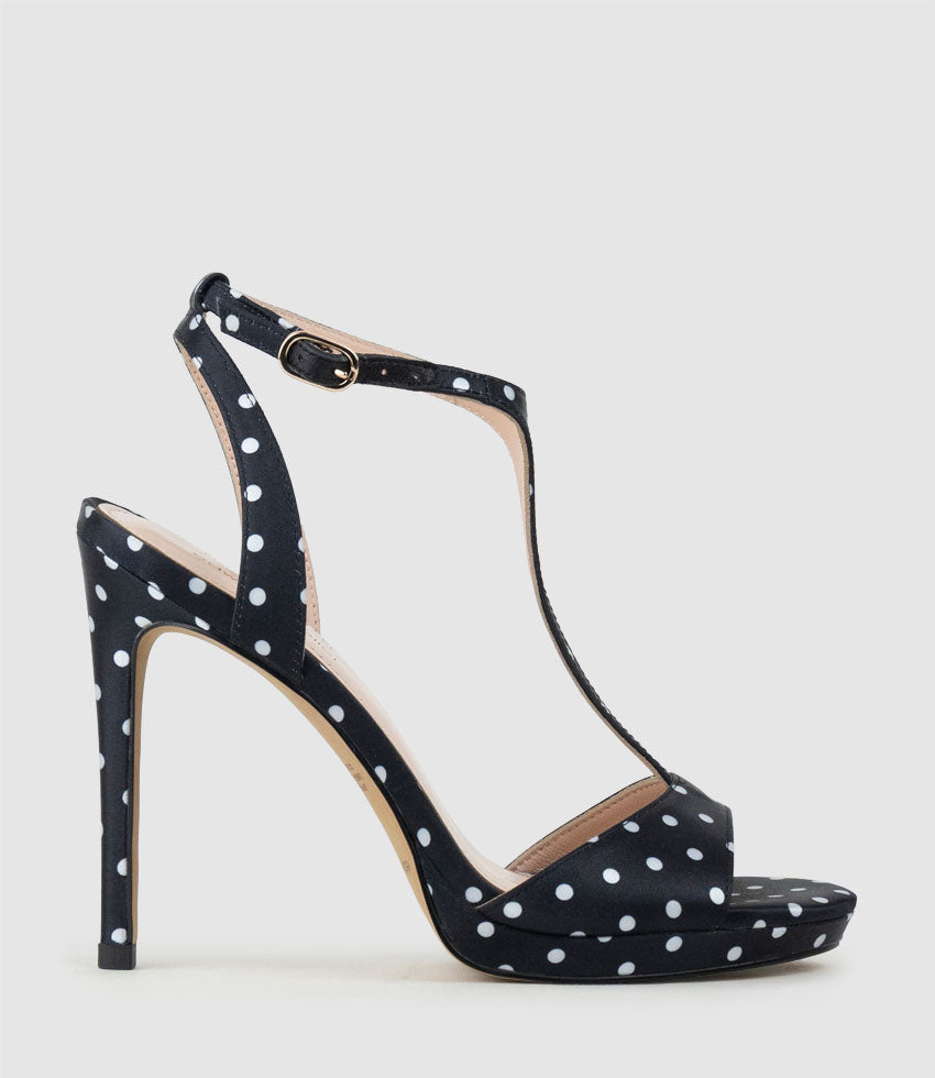WEN110 Polkadot T-Bar Platform Sandal in Black Satin - Edward Meller
