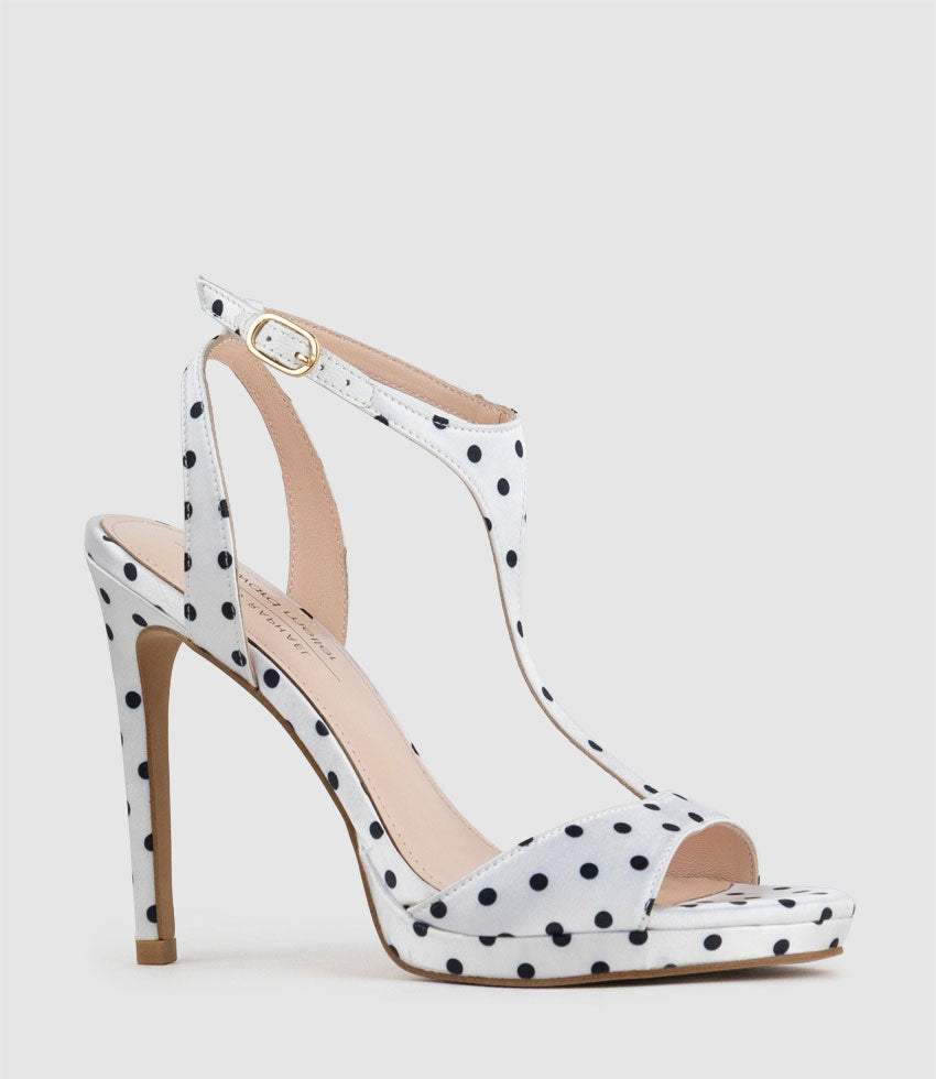 WEN110 Polkadot T-Bar Platform Sandal in White Satin - Edward Meller