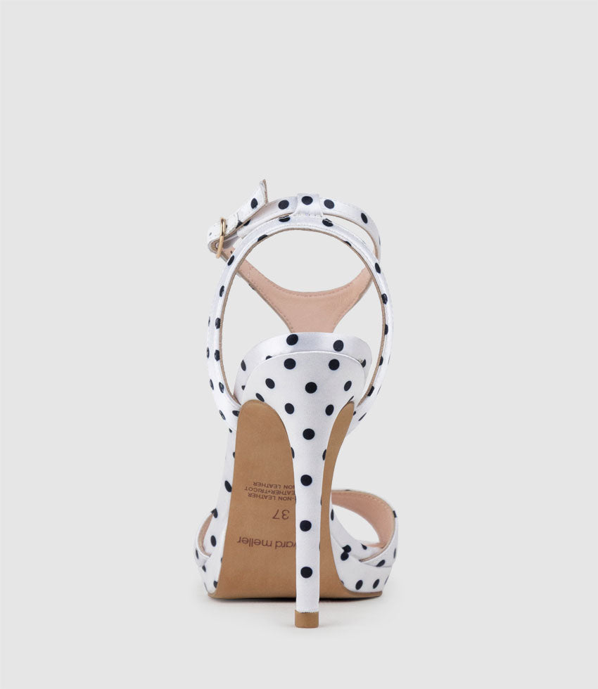 WEN110 Polkadot T-Bar Platform Sandal in White Satin - Edward Meller