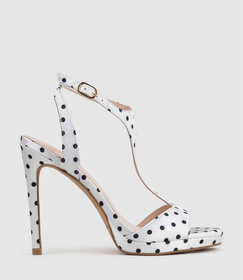 WEN110 Polkadot T-Bar Platform Sandal in White Satin - Edward Meller