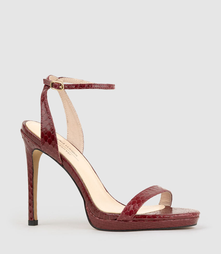 WHISPER110 Single Strap Platform Sandal in Black Cherry Snake - Edward Meller
