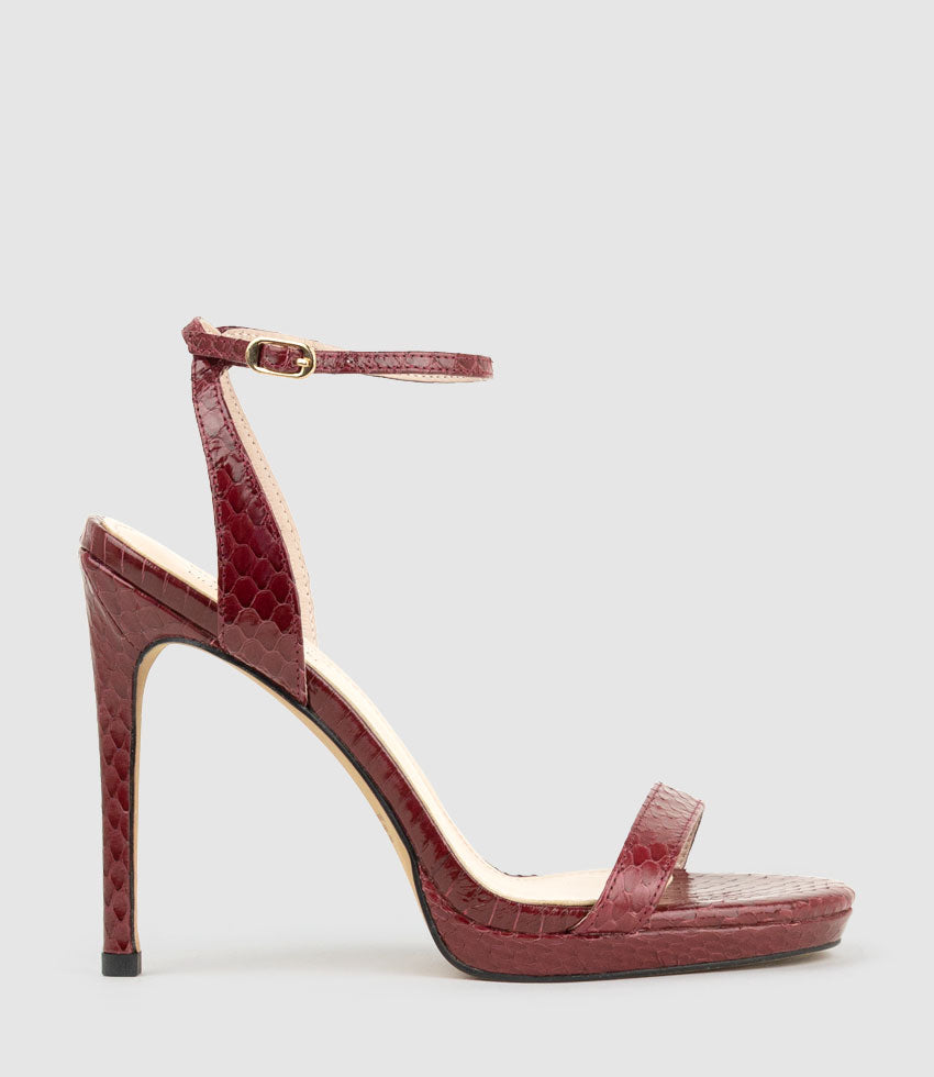 WHISPER110 Single Strap Platform Sandal in Black Cherry Snake - Edward Meller