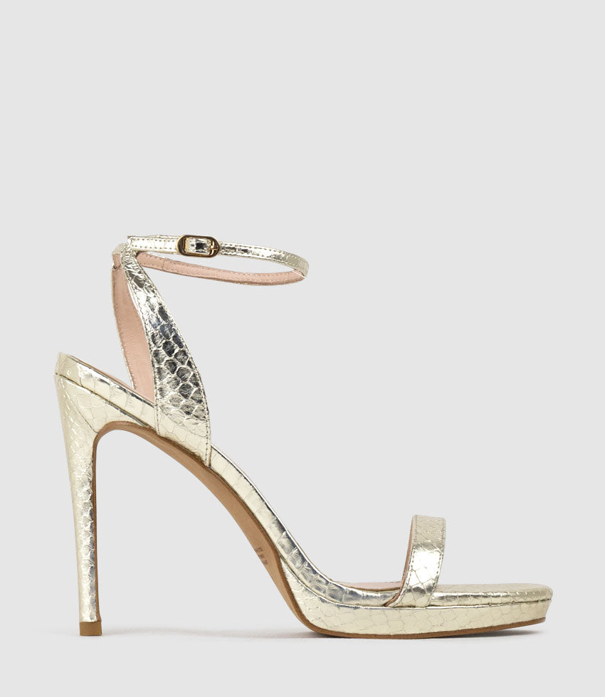 WHISPER110 Single Strap Platform Sandal in Pale Gold Snake - Edward Meller
