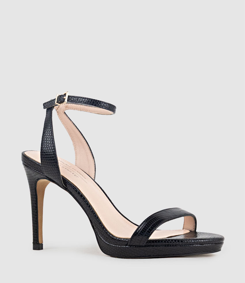 WHISPER90 Single Strap Platform Sandal in Black Tejus Lizard Print - Edward Meller