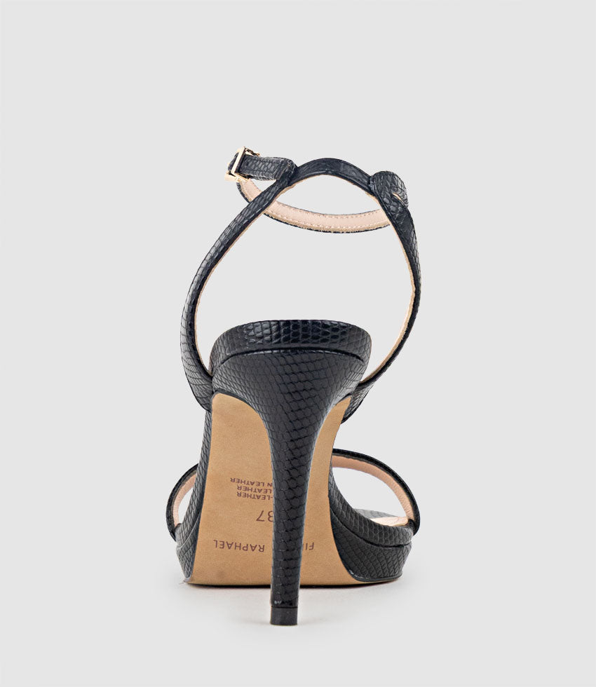 WHISPER90 Single Strap Platform Sandal in Black Tejus Lizard Print - Edward Meller