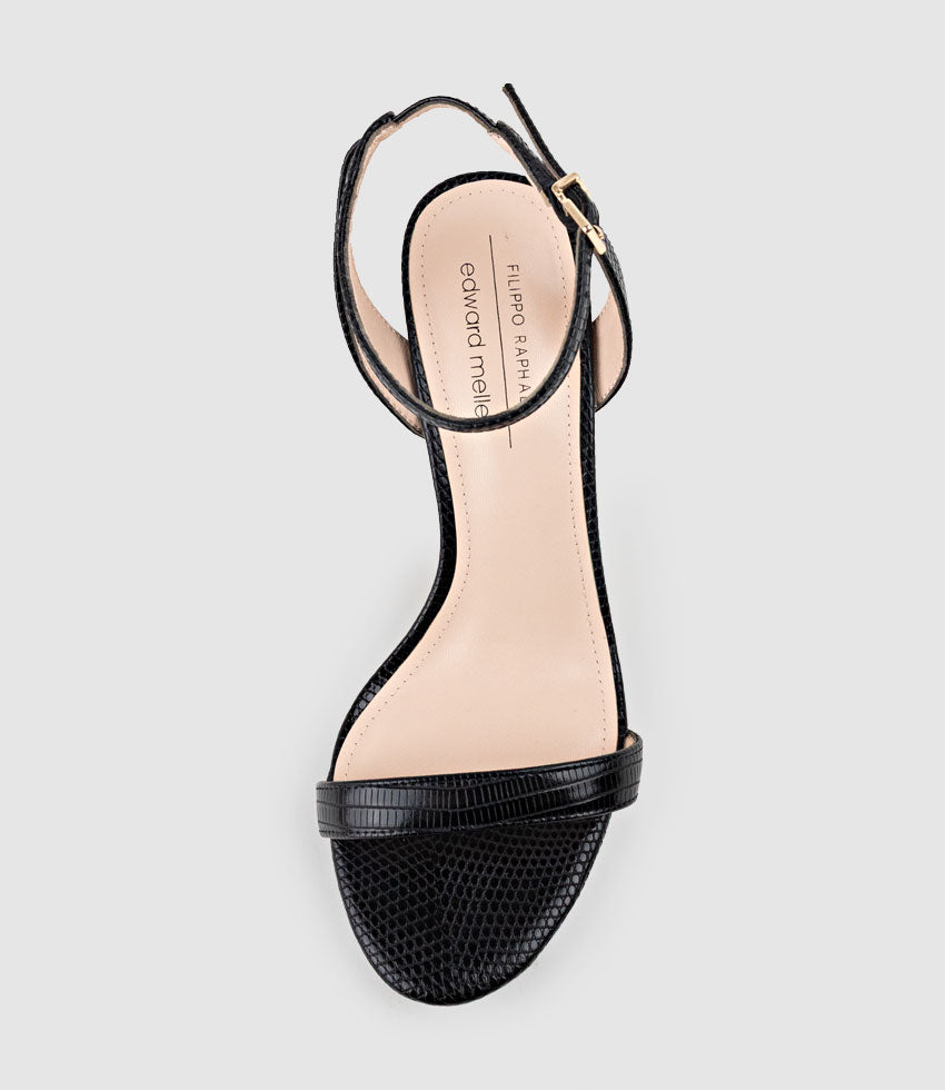 WHISPER90 Single Strap Platform Sandal in Black Tejus Lizard Print - Edward Meller