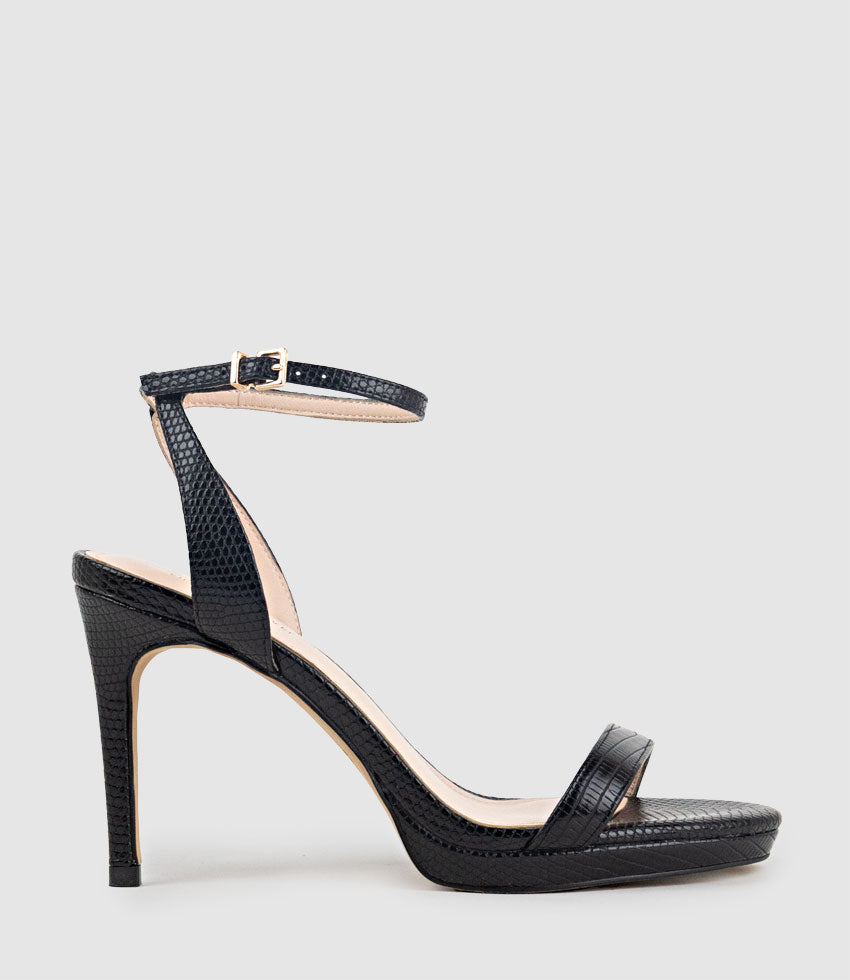 WHISPER90 Single Strap Platform Sandal in Black Tejus Lizard Print - Edward Meller
